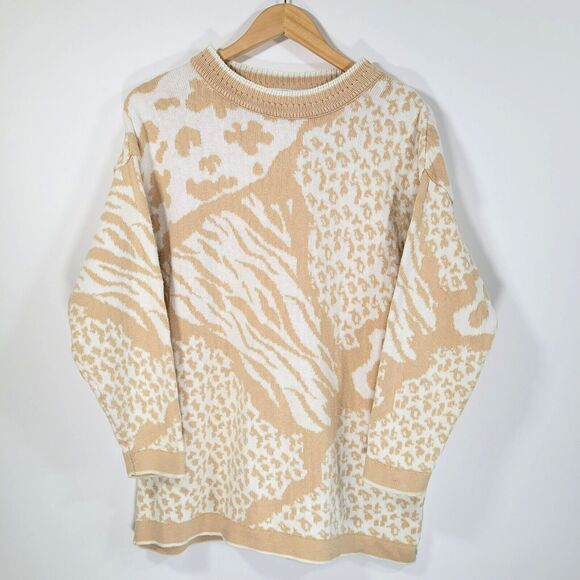 Vtg UNITED STATES SWEATERS Size M Tan Ivory Sweater Longline Mixed Animal Print - Picture 1 of 7